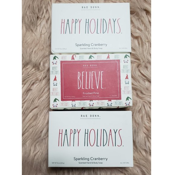 NIB RAE DUNN " HAPPY HOLIDAYS" SCENTED HAND & BODY SOAP - SET OF 3 - Picture 1 of 3